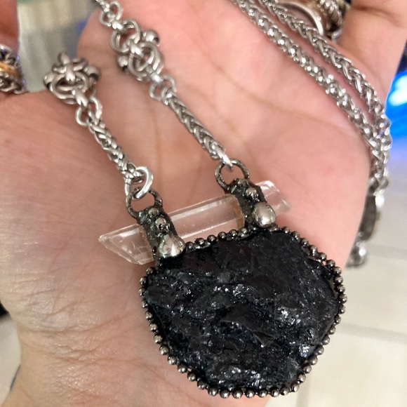 Natural black tourmaline & clear crystal quartz charm boho goth maille necklace - Picture 6 of 13